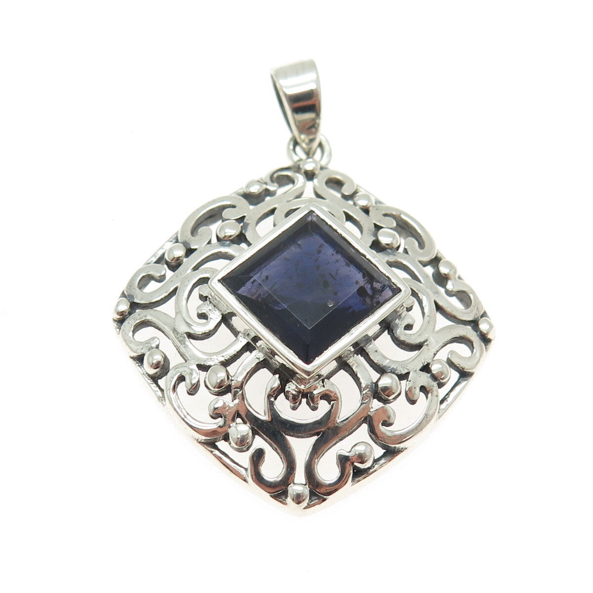 925 Sterling Silver Vintage Real Iolite Gemstone Swirl Ornate Pendant