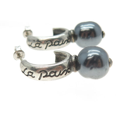 925 Sterling Silver Vintage Faux Pearl “La Paix” Half Hoop Earrings