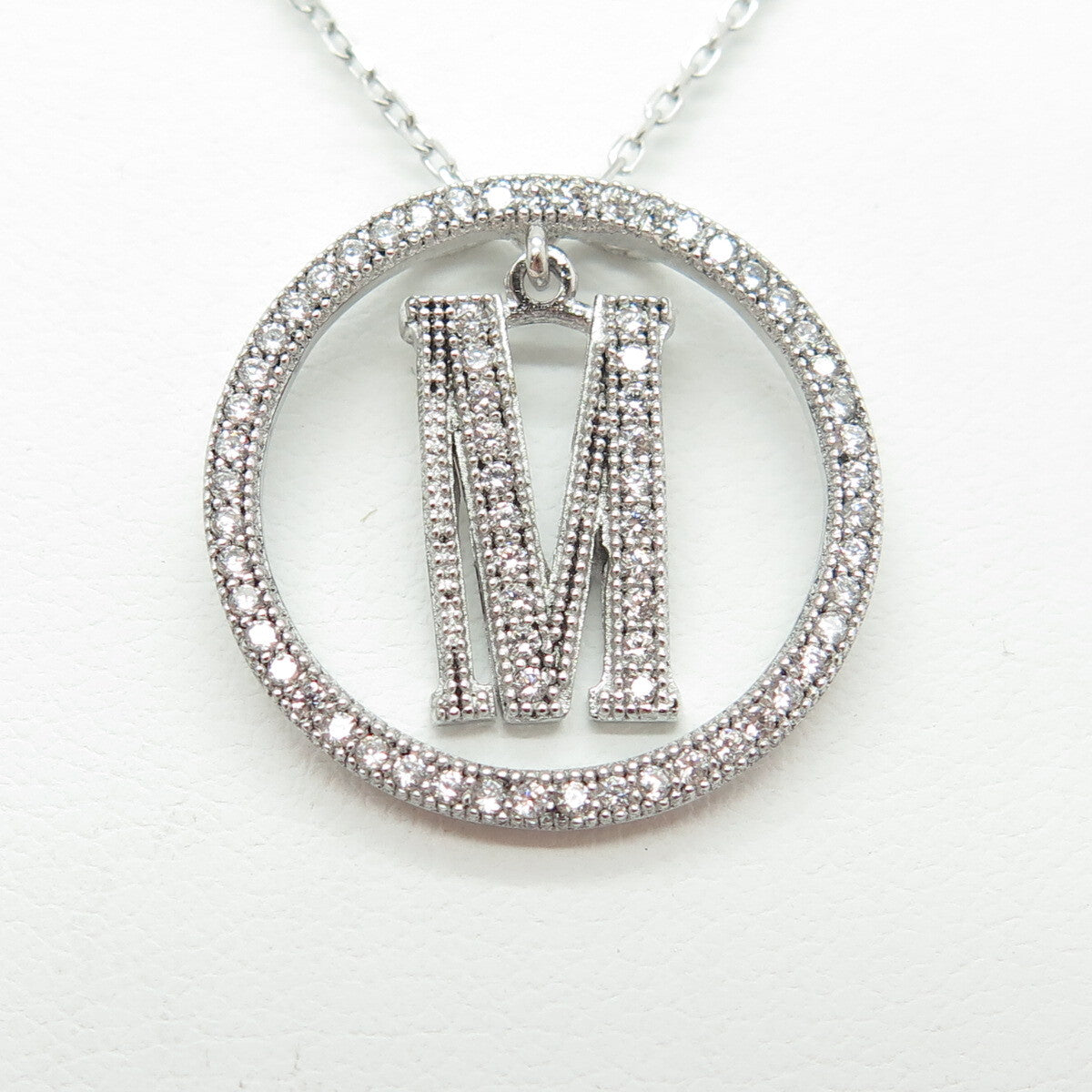 925 Sterling Silver Round-Cut C Z Letter "M" Initial Cable Chain Necklace 16-18"