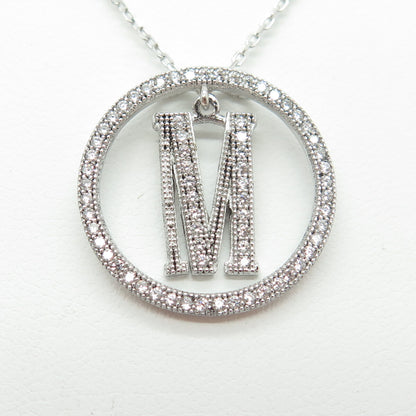 925 Sterling Silver Round-Cut C Z Letter "M" Initial Cable Chain Necklace 16-18"