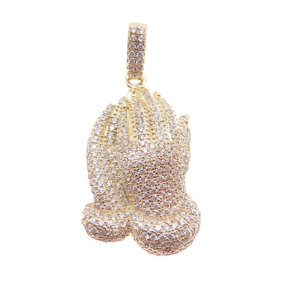 925 Sterling Silver Gold Plated Round-Cut C Z Praying Hands Charm Pendant