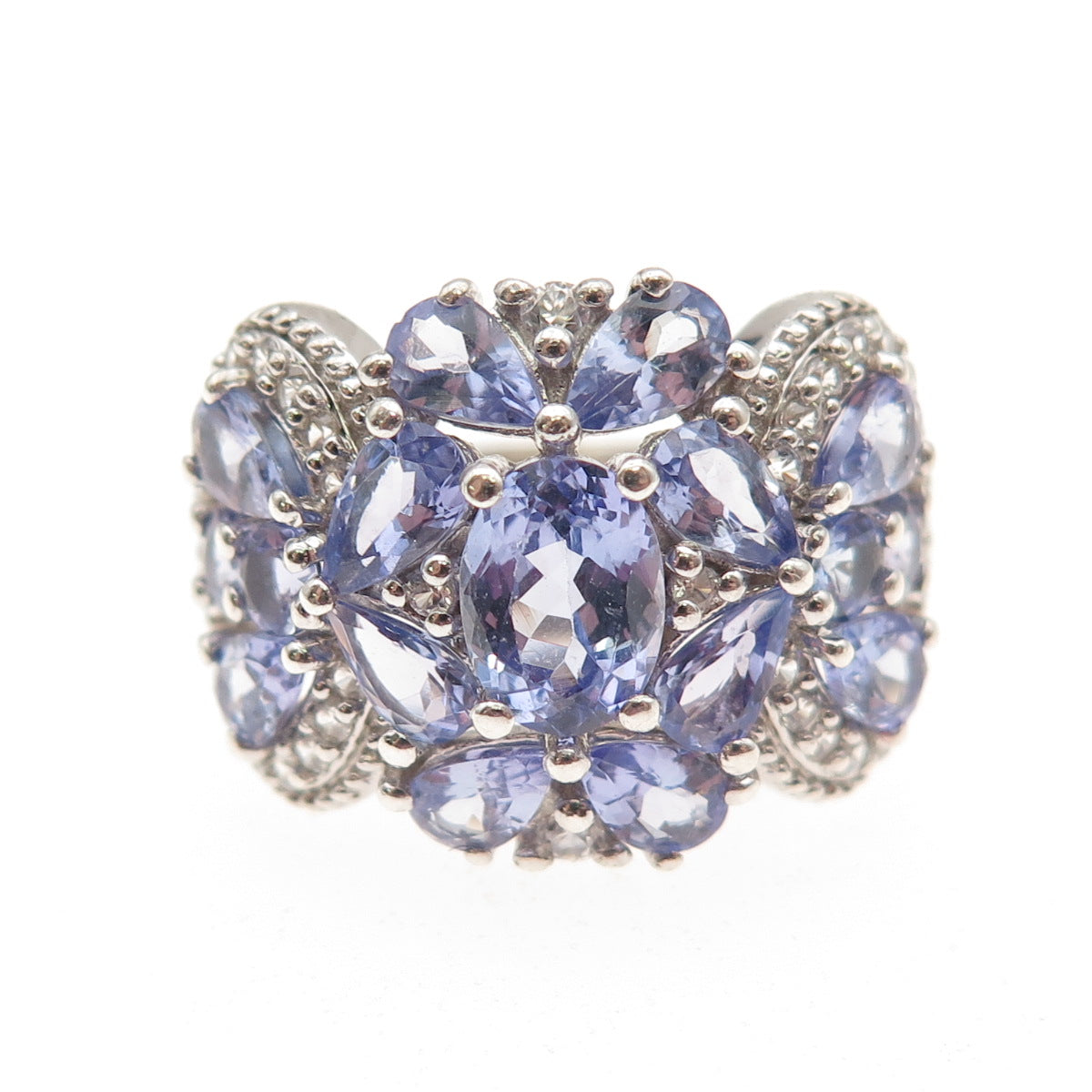 925 Sterling Silver Real Tanzanite & White Topaz Cluster Ring Size 7