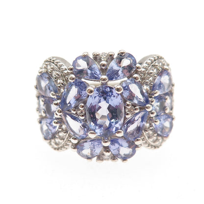 925 Sterling Silver Real Tanzanite & White Topaz Cluster Ring Size 7