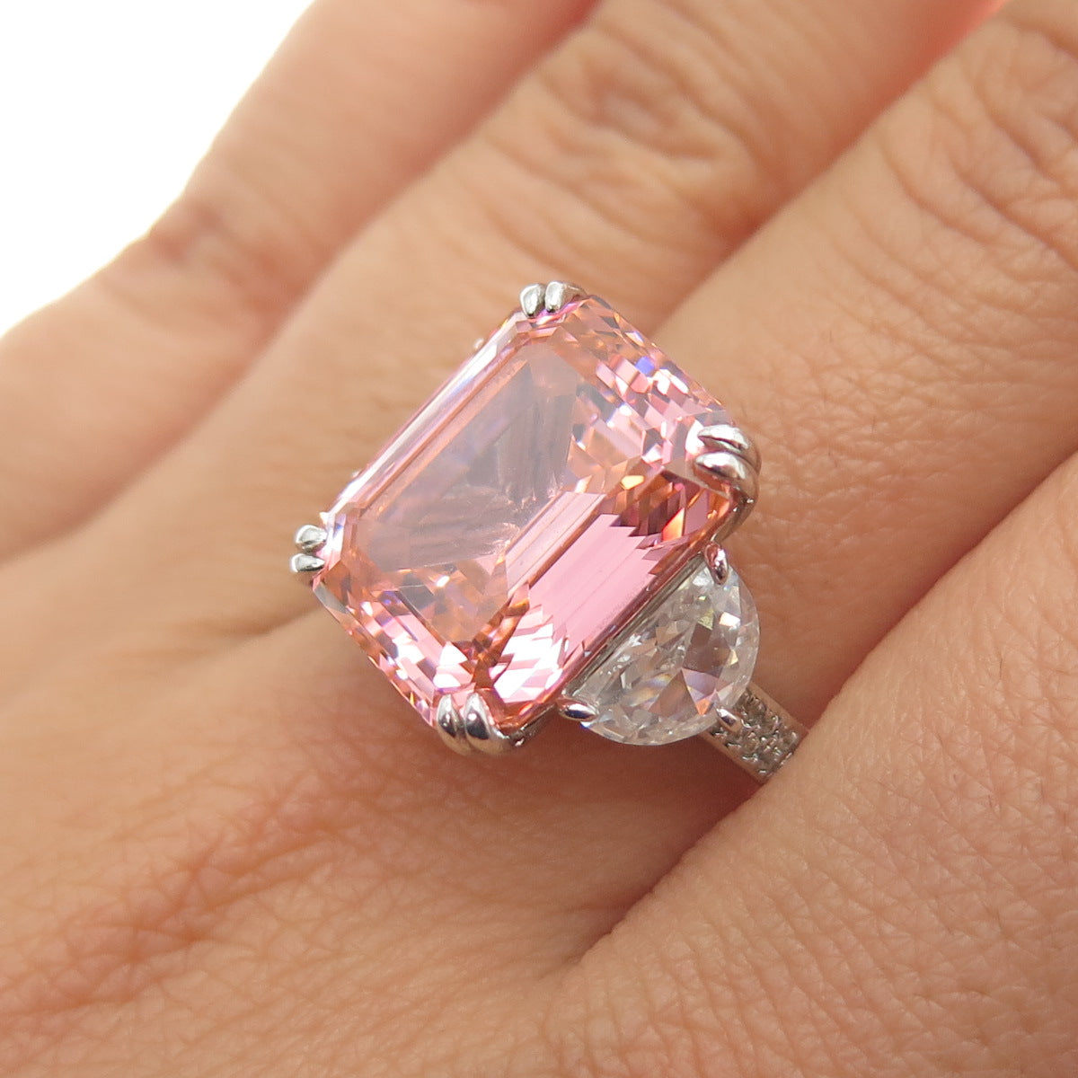 925 Sterling Silver Emerald-Cut Pink & Round-Cut White C Z Ring Size 9