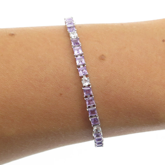 925 Sterling Silver Real Princess-Cut Amethyst & Round-Cut C Z Bracelet 7.5"