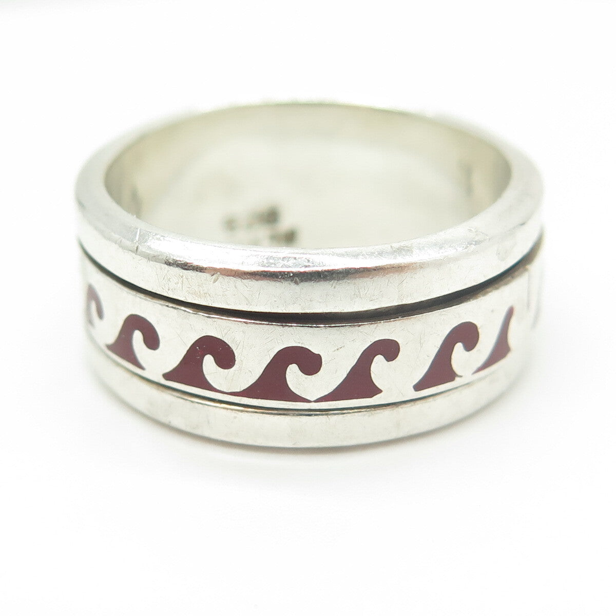 925 Sterling Silver Vintage Mexico Enamel Water Pattern Band Ring Size 10.5