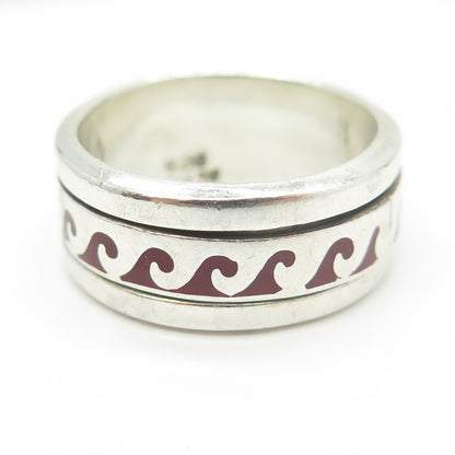 925 Sterling Silver Vintage Mexico Enamel Water Pattern Band Ring Size 10.5