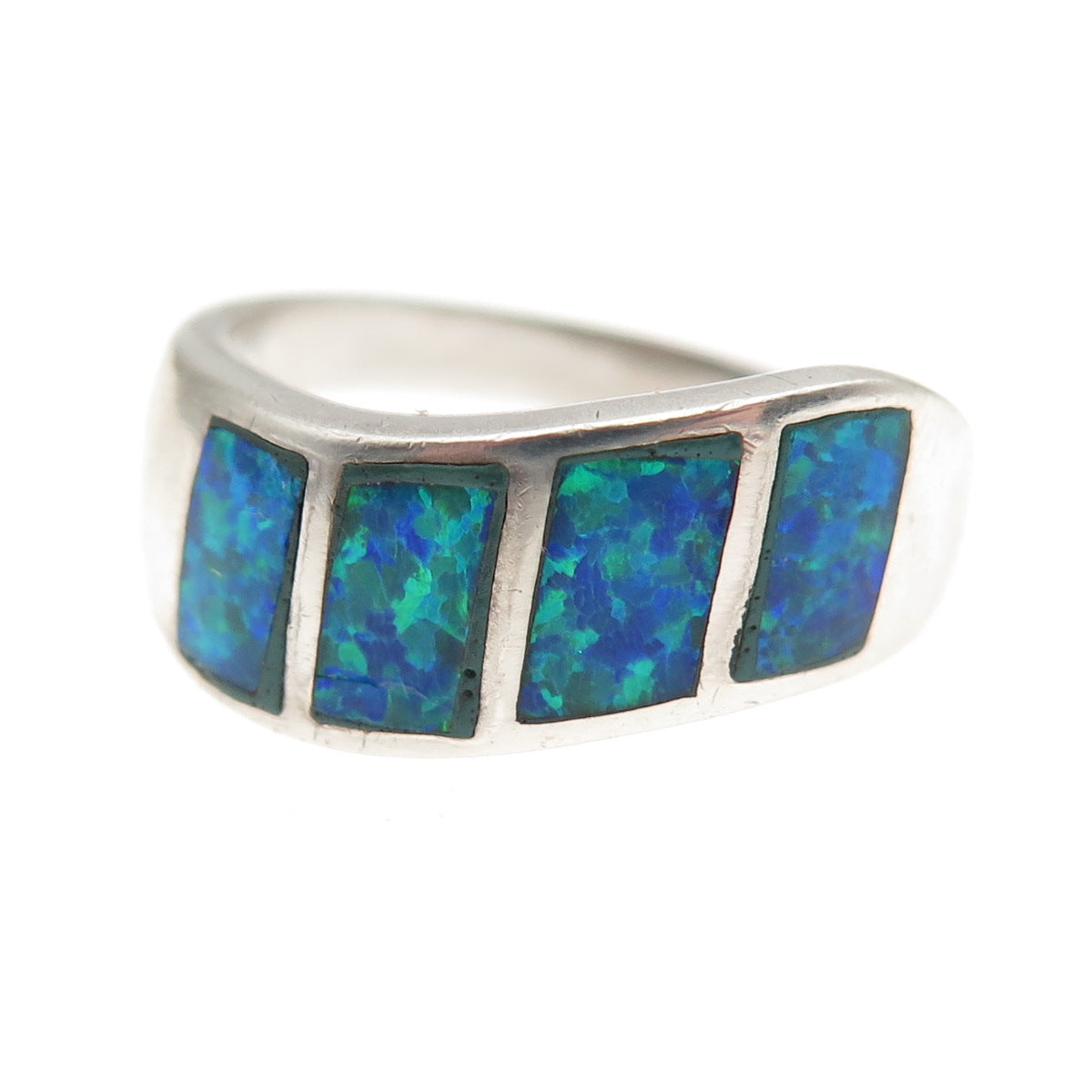 925 Sterling Silver Vintage Real Opal Modernist Wavy Ring Size 7.75