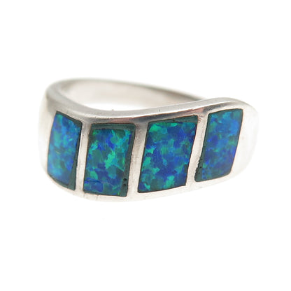 925 Sterling Silver Vintage Real Opal Modernist Wavy Ring Size 7.75