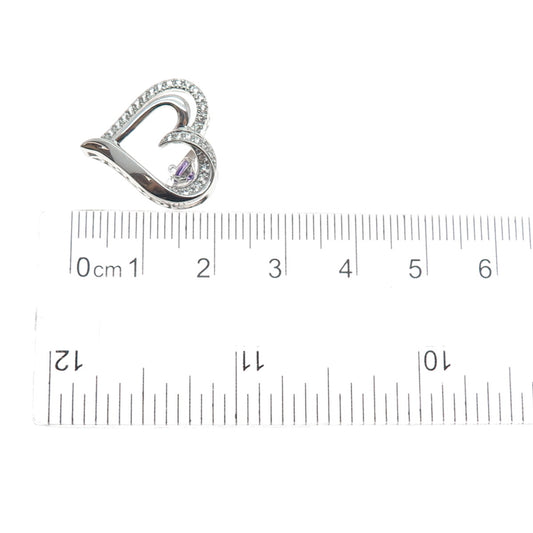 925 Sterling Silver Real Amethyst & White Topaz Heart Minimalist Slide Pendant