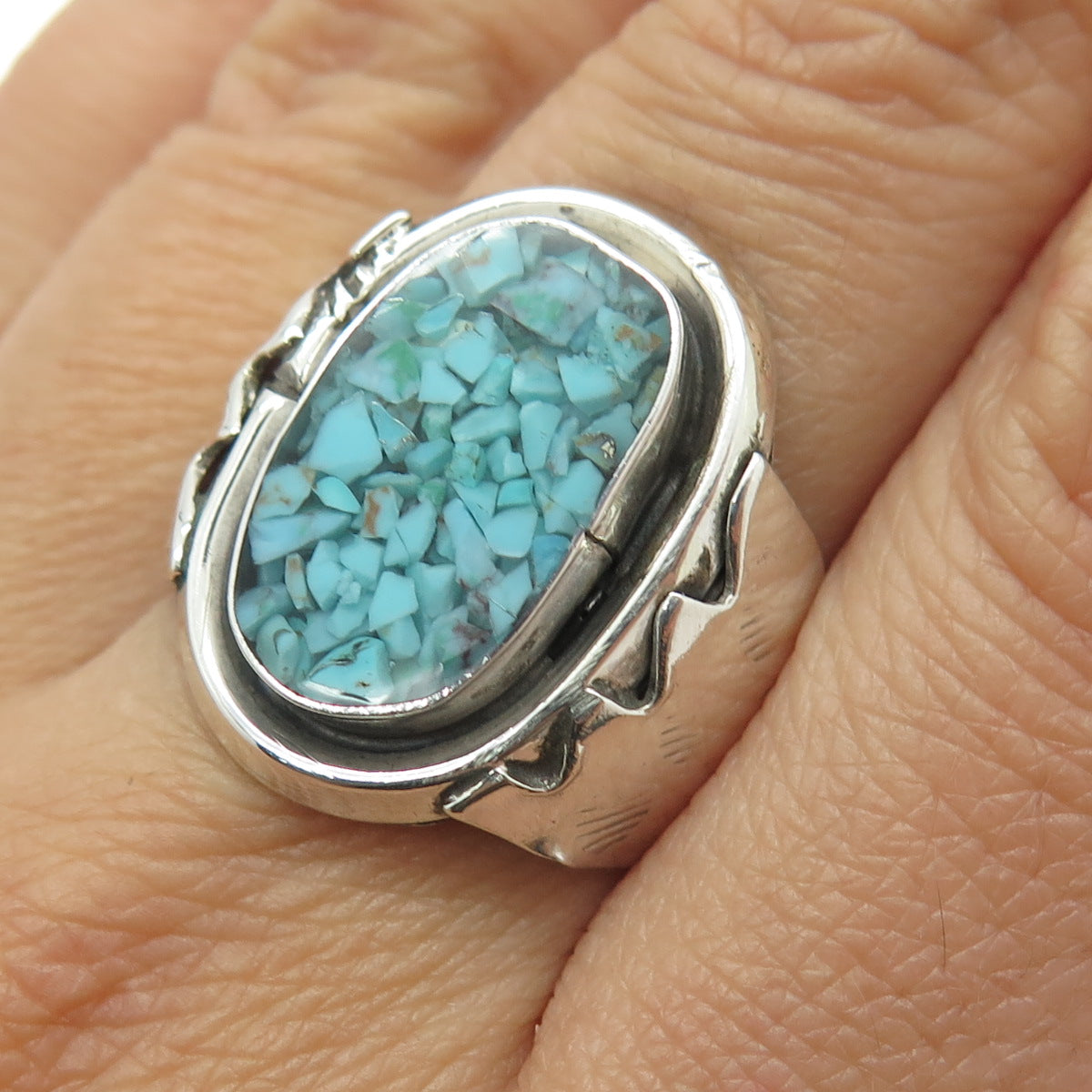 Old Pawn Sterling Silver Vintage Real Turquoise Inlay Bear Paw Ring Size 8.25