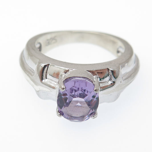 925 Sterling Silver Real Oval-Cut Amethyst Cross Ring Size 7