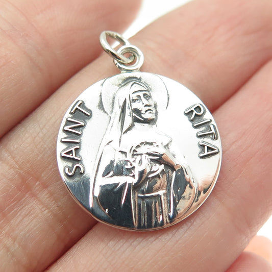 925 Sterling Silver Vintage JCC Saint Rita Medal Religious Pendant