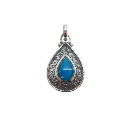 925 Sterling Silver Vintage Blue Enamel Teardrop Oxidized Charm Pendant