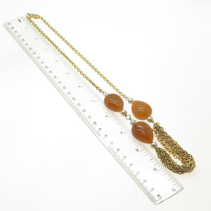 925 Sterling Silver Gold Plated Faux Amber & Faux Pearl Cable Chain Necklace 22"