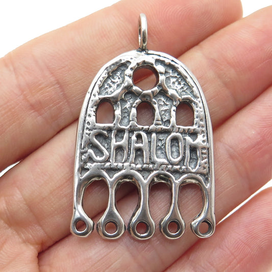 925 Sterling Silver Vintage Shalom Hamsa Hand of Fatima Judaica Pendant