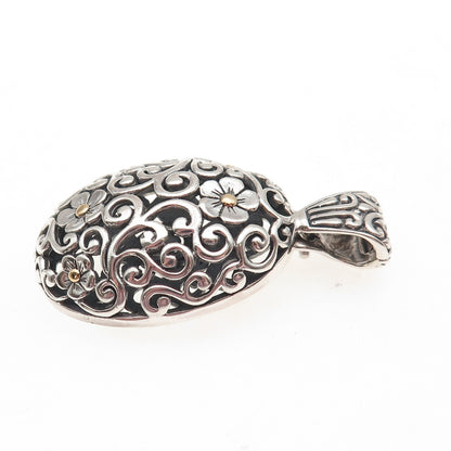 925 Sterling Silver 18K Gold Vintage Floral Ornate Oxidized Charm Pendant
