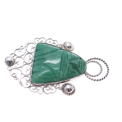 925 Sterling Silver Vintage Mexico Real Jade Aztec God Oxidized Pin Brooch