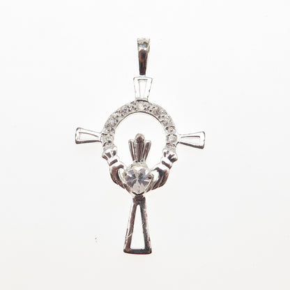925 Sterling Silver Round & Heart-Cut C Z Irish Claddagh Cross Charm Pendant