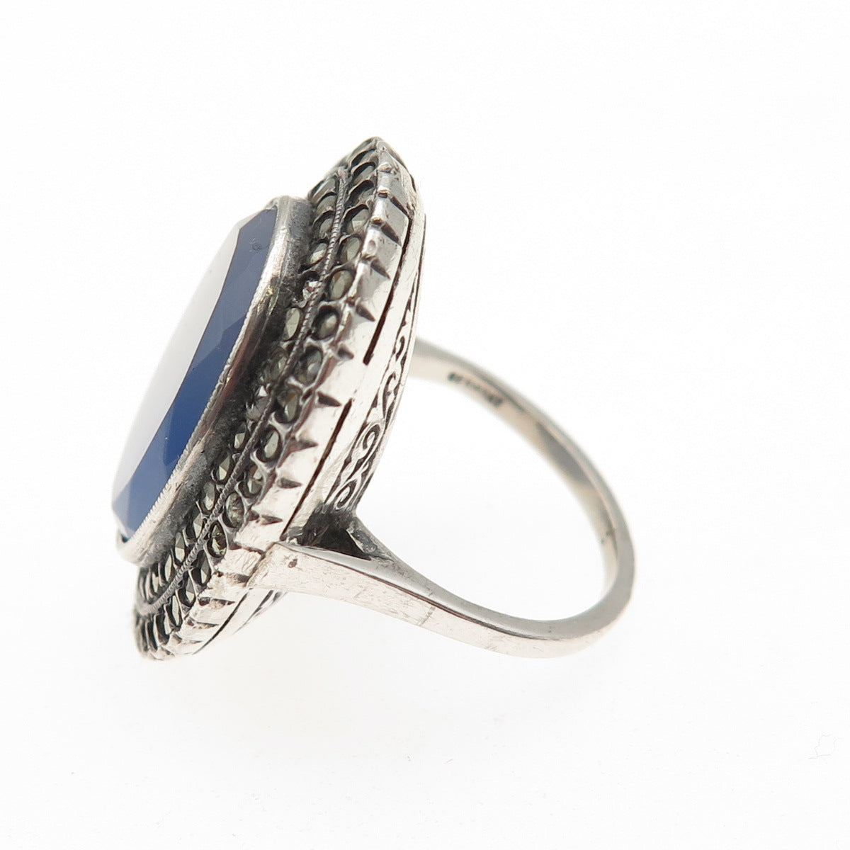925 Sterling Antique Art Deco Germany Real Chalcedony & Marcasite Ring Size 5