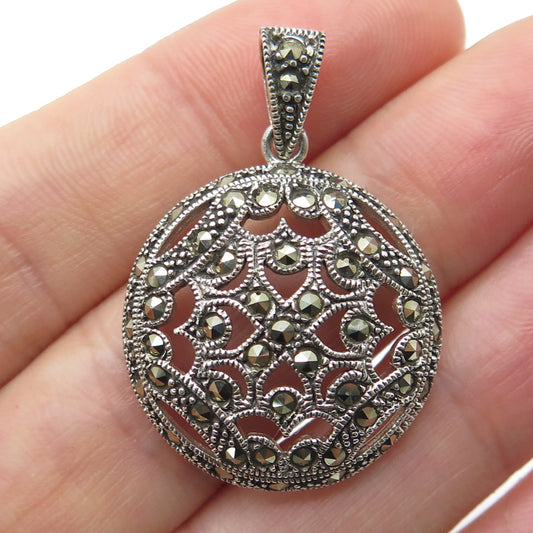 925 Sterling Silver Vintage Real Marcasite Gemstone Ornate Pendant