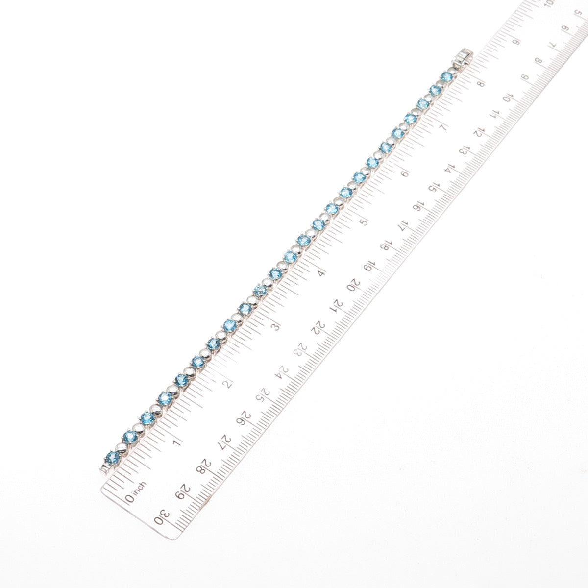 925 Sterling Silver Vintage Real Round-Cut Blue Topaz Tennis Link Bracelet 7.5"