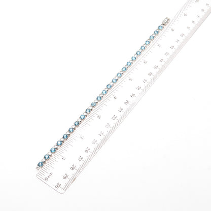 925 Sterling Silver Vintage Real Round-Cut Blue Topaz Tennis Link Bracelet 7.5"