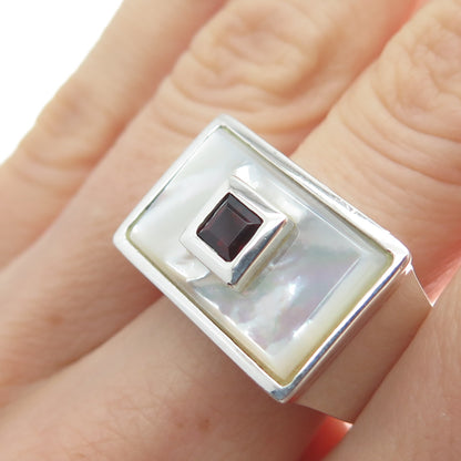 925 Sterling Silver Vintage Real Red Garnet & MOP Modernist Ring Size 7.75