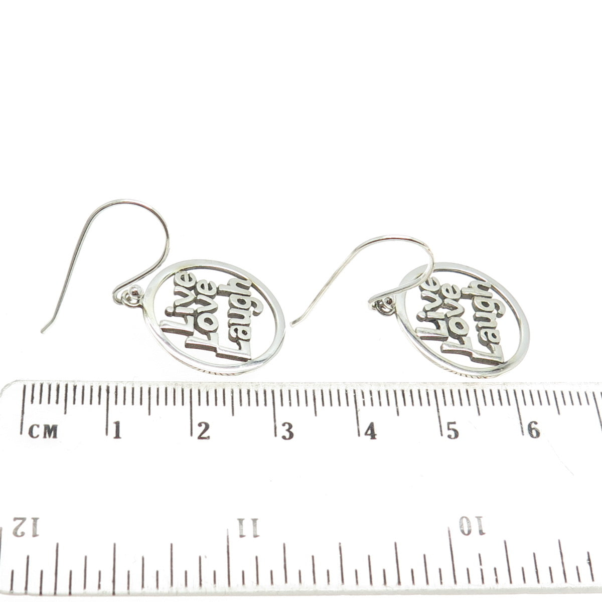 925 Sterling Silver "Live Love Laugh" Round Dangling Earrings