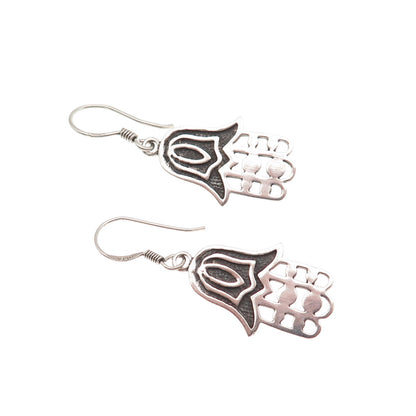 925 Sterling Silver Vintage Tulip Floral Hamsa Amulet Oxidized Dangle Earrings
