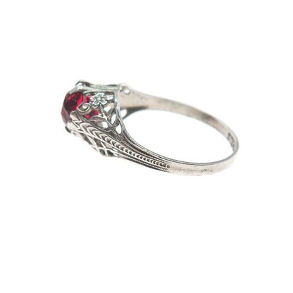 925 Sterling Silver Antique Art Deco Red Rhinestone Oxidized Ring Size 6.75