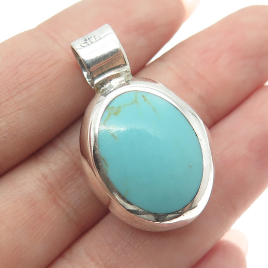 925 Sterling Silver Vintage Mexico Real Turquoise & Lapis Gem Dual Sided Pendant