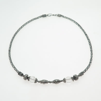 925 Sterling Silver Vintage Clear Crystal Oxidized Byzantine Chain Necklace 18"