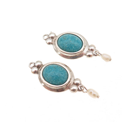 Coleman Co. Sterling Silver Vintage Real Turquoise Inlay & Pearl Jacket Earrings