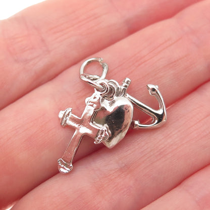 925 Sterling Silver Vintage Heart Cross Anchor Mini Charm Pendant
