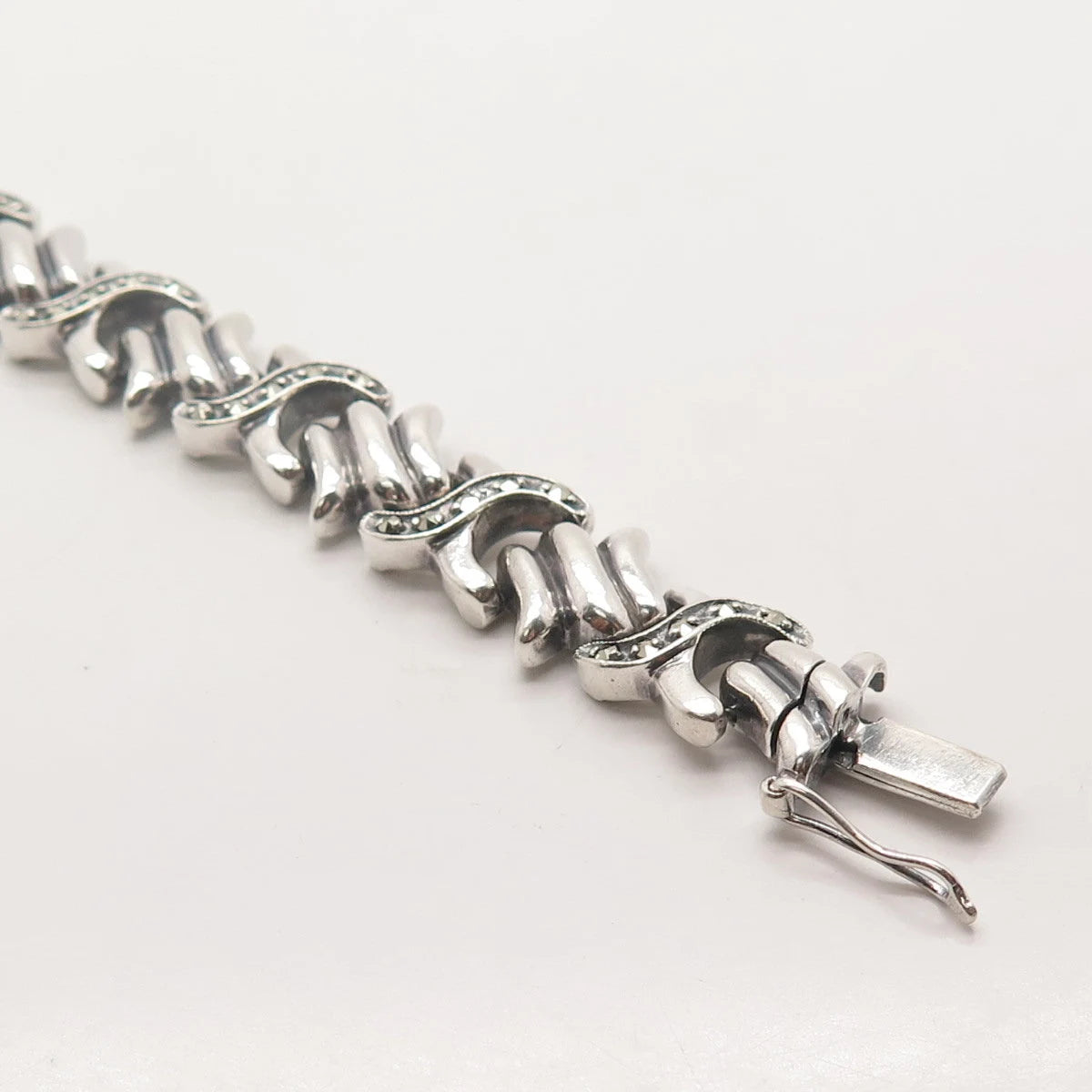 925 Sterling Silver Antique Real Marcasite Gem "X" Link Bracelet 7.25"