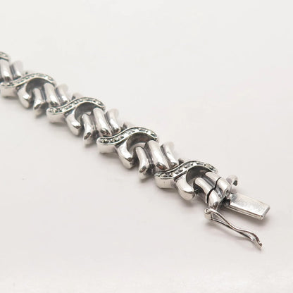 925 Sterling Silver Antique Real Marcasite Gem "X" Link Bracelet 7.25"