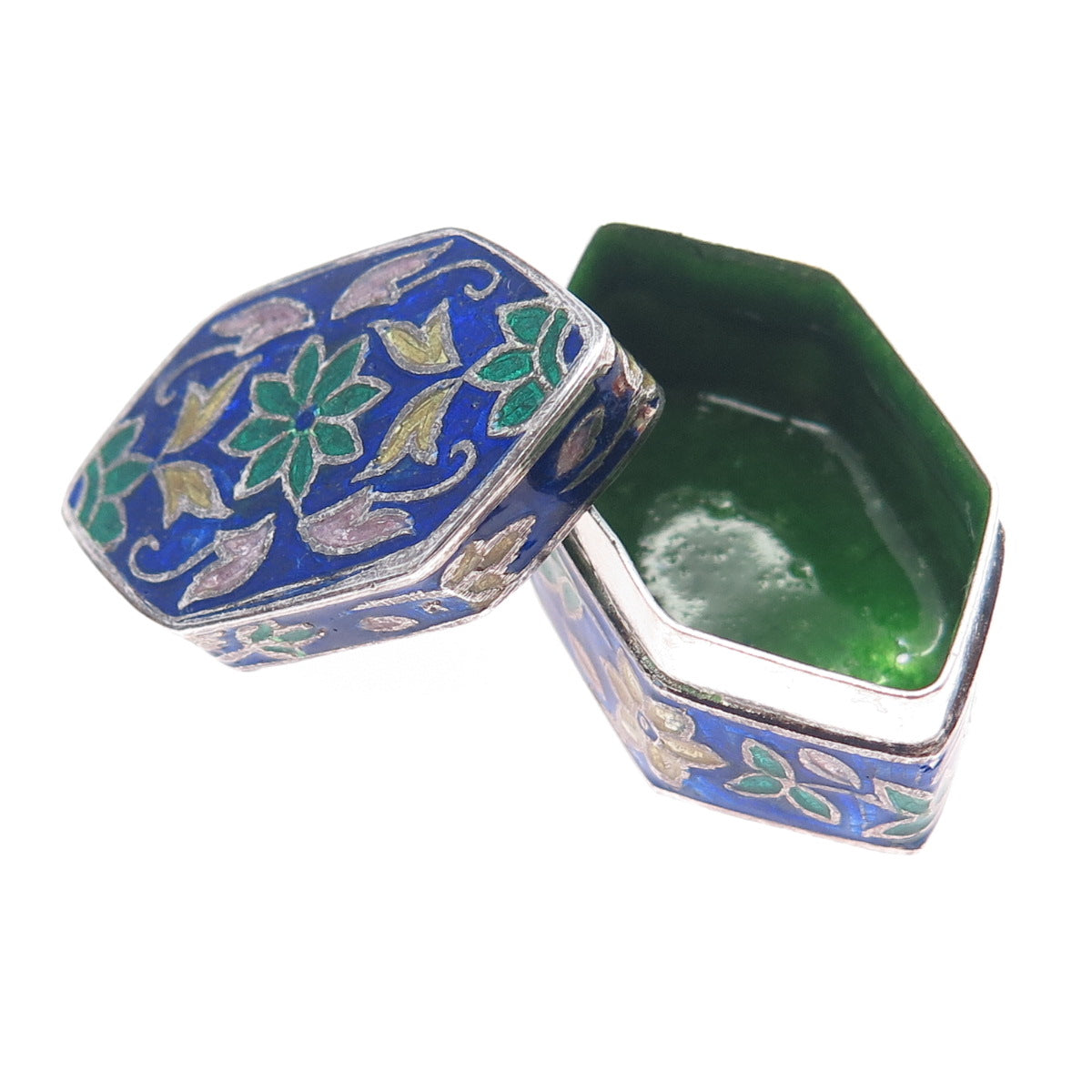 925 Sterling Silver Vintage Enamel Flower Pill / Snuff Box