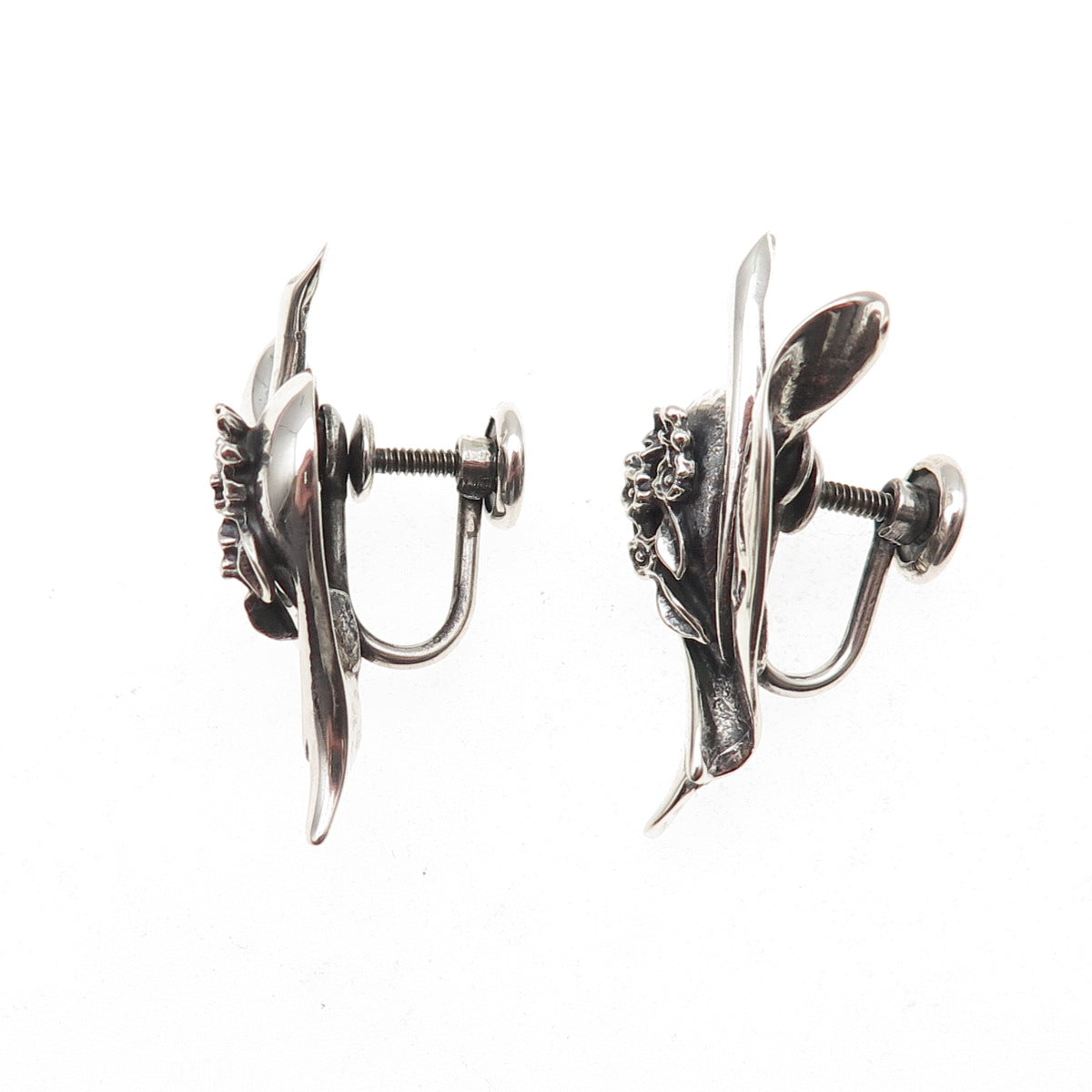 925 Sterling Silver Vintage Modernist Floral Oxidized Screw Back Earrings