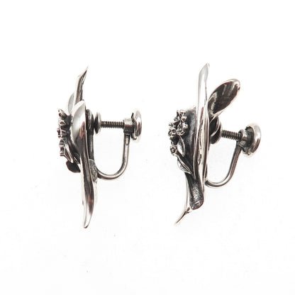 925 Sterling Silver Vintage Modernist Floral Oxidized Screw Back Earrings