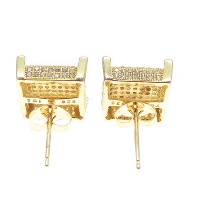 925 Sterling Silver Gold Plated Round-Cut C Z Sparkle Square Stud Earrings
