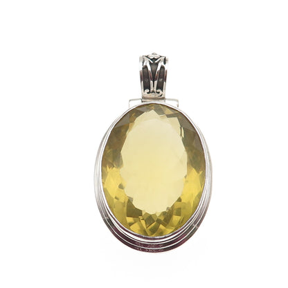 925 Sterling Silver Vintage Real Oval-Cut Lemon Quartz Oxidized Pendant