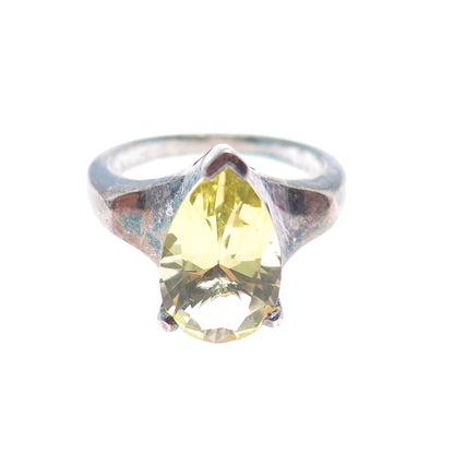 925 Sterling Silver Vintage Real Lime Citrine Teardrop Oxidized Ring Size 9