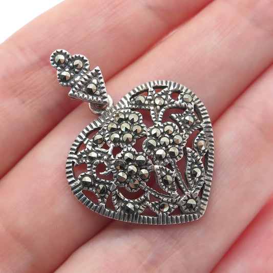 925 Sterling Silver Vintage Real Marcasite Heart Oxidized Charm Pendant