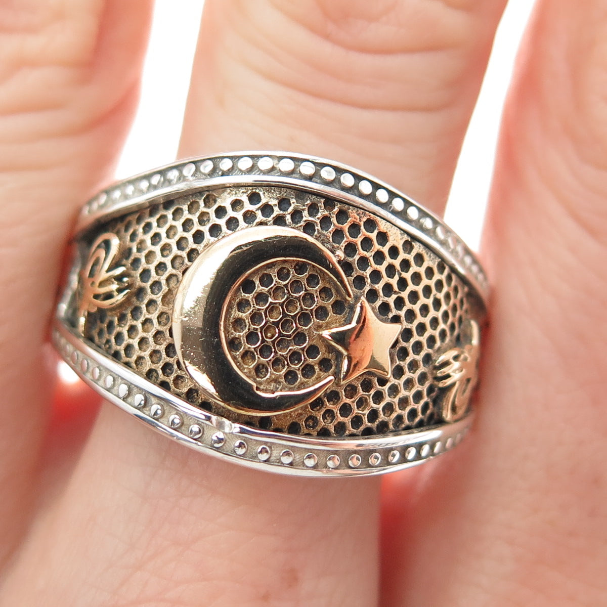 925 Sterling Silver 2-Tone Vintage Crescent & Star Allah Muslim Ring Size 12.5