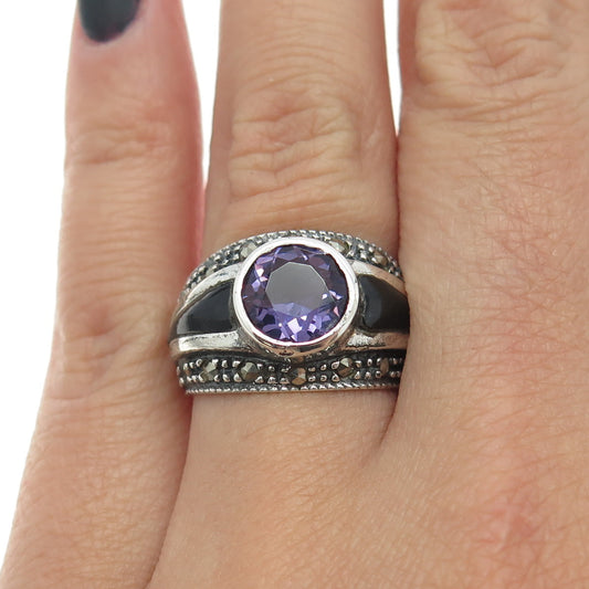 925 Sterling Silver Vintage Amethyst Black Onyx & Marcasite Gem Ring Size 6.75