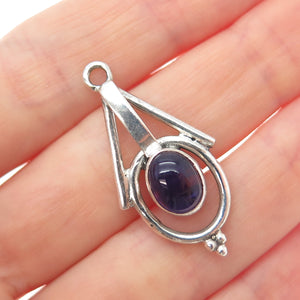 925 Sterling Silver Vintage Real Amethyst Modernist Oxidized Charm Pendant
