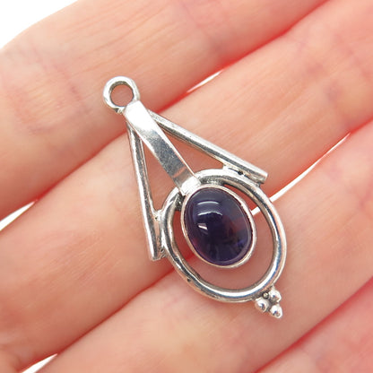 925 Sterling Silver Vintage Real Amethyst Modernist Oxidized Charm Pendant