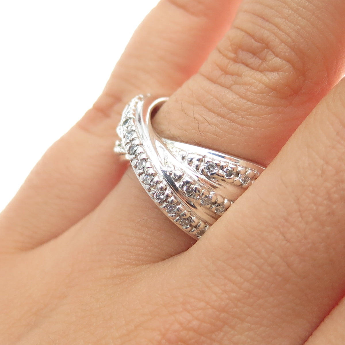 MICHAEL DAWKINS 925 Sterling Silver Real Diamond Crisscross Ring Size 6.75