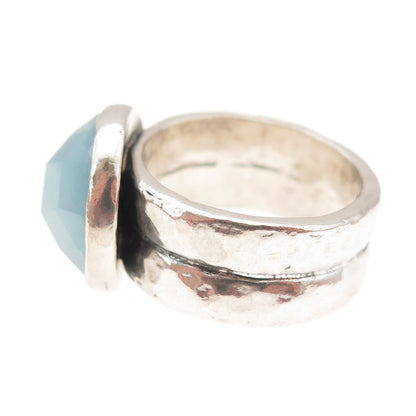 925 Sterling Silver Vintage Real Milky Aquamarine Modernist Oxidized Ring Size 9